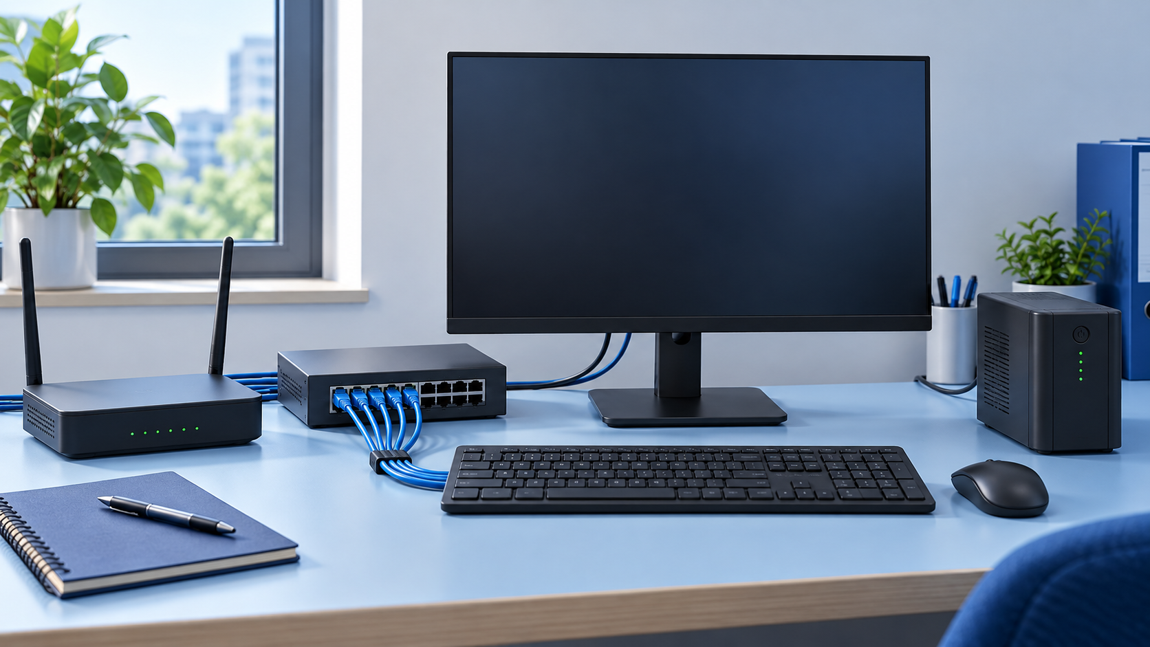 Conceptual unbranded office IT equipment, networking devices and cables